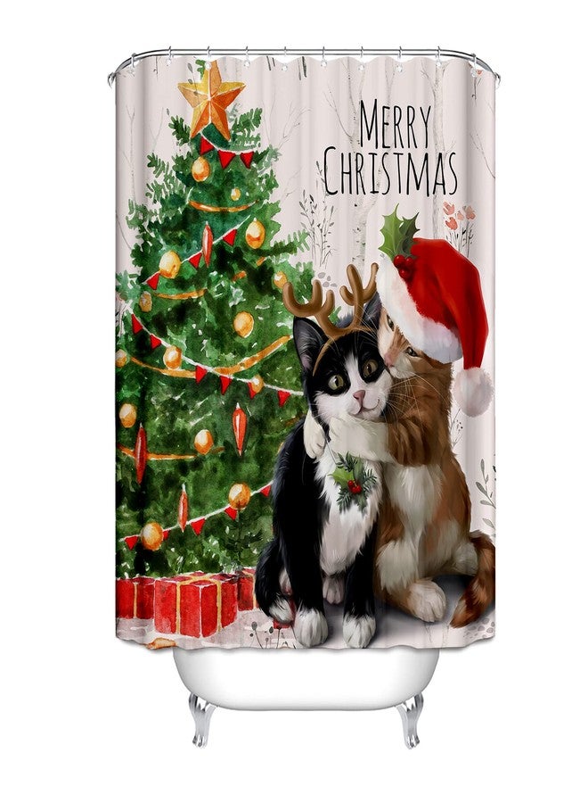 Tititex Merry Christmas Cute Cats Shower Curtain Sets, Christmas Tree Winter Holiday Kitten Ivory Bathroom Curtain Decoration 71x71 Inch with Hooks - Image 4
